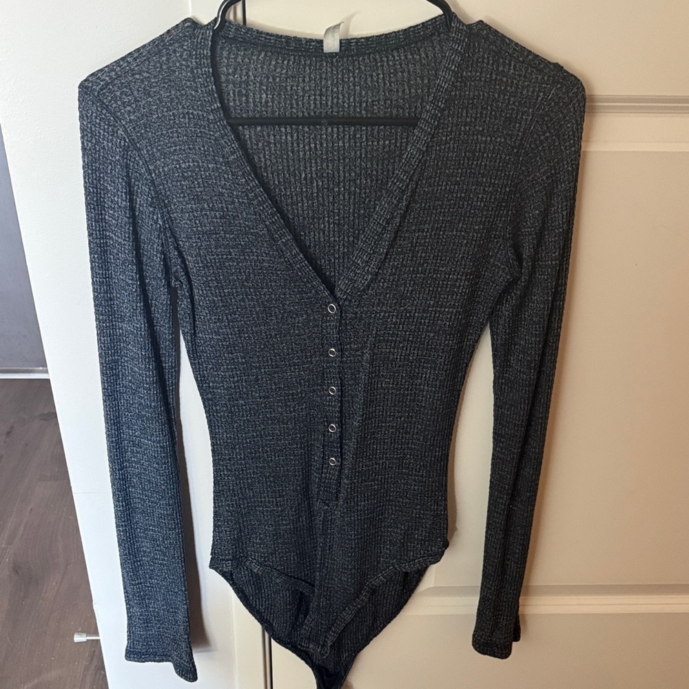Free People Charcoal Ribbed Long Sleeve Bodysuit